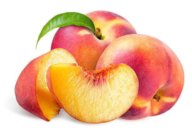 pfirsich.  früchte mit blatt isoliert auf weißem hintergrund - peach nectarine fruit portion stock-fotos und bilder