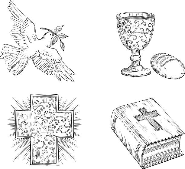 Icon set for easter Icon set of Dove with olive branch, Religious cross, Bread,  gold Chalice with Wine and  Bible  at doddle style. religious cross illustrations stock illustrations