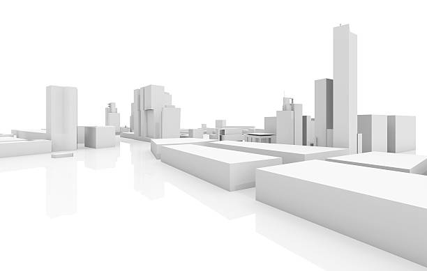 Abstract modern cityscape isolated 3 d model Abstract modern cityscape 3d model isolated on white background with soft reflections over ground white buildings stock pictures, royalty-free photos & images
