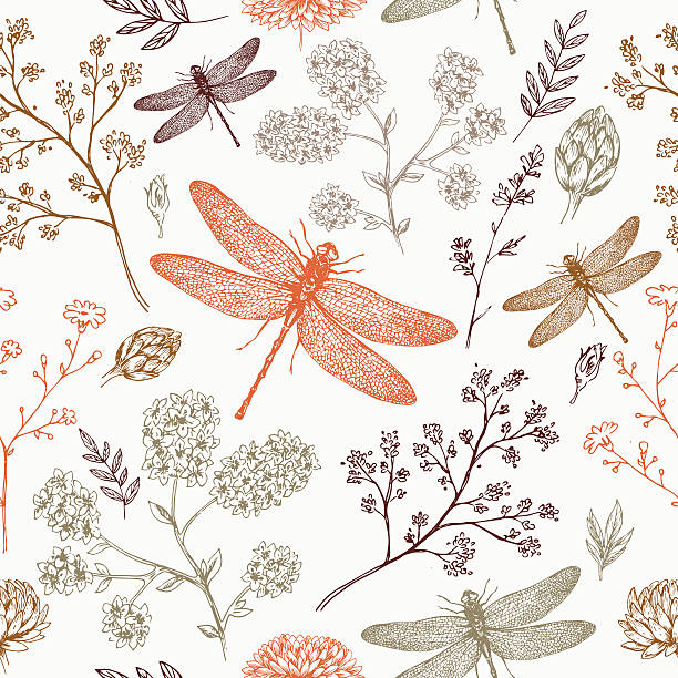 Dragonfly seamless pattern. Fern botanical background. Vector illustration EPS 8 dragonfly stock illustrations