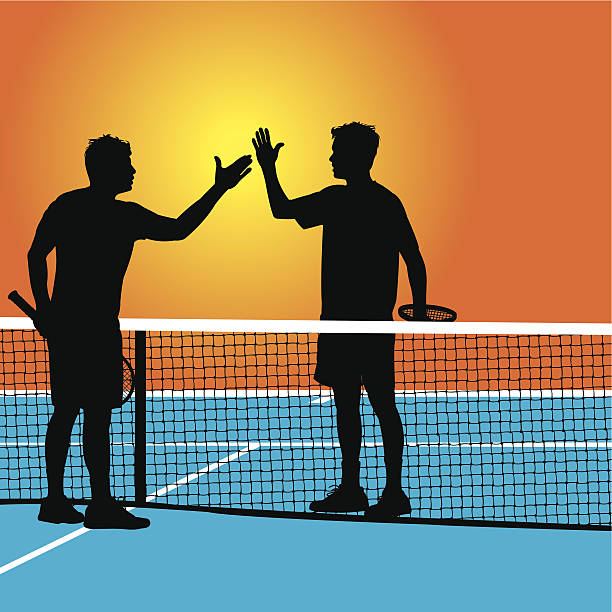 ilustraciones, imágenes clip art, dibujos animados e iconos de stock de apretón de manos-felicitaciones partido de tenis - silhouette tennis competitive sport traditional sport