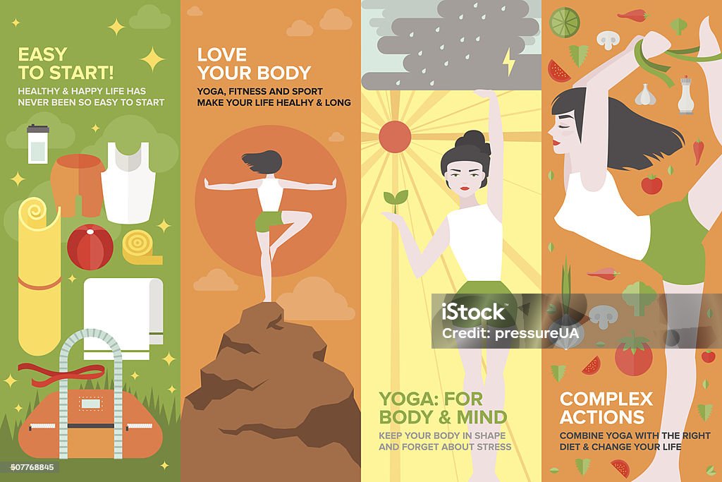 Yoga life for body and mind flat banner set Flat banner set of health yoga life, practice yoga on physical, mental, emotional, spiritual and energetic level, equipment and things for starting. Flat design style modern vector illustration concept. Abstract stock vector