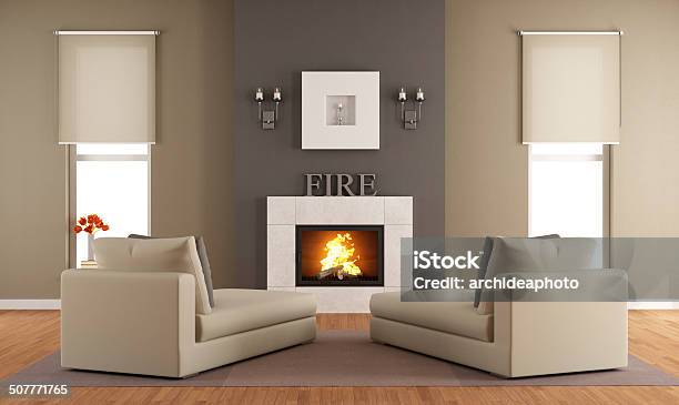 Contemporary Living Room With Fireplace Stock Photo - Download Image Now - Window Blinds, Living Room, Sparse