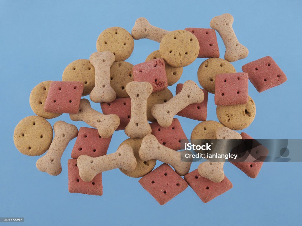 Assorted shaped dog biscuits Close up of assorted shaped dog biscuits on a blue background. Animal Stock Photo