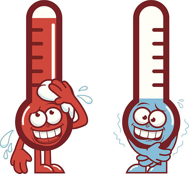 Hot and cold cartoon thermometers Vector illustration of a shivering and a hot sweating thermometer. Funny cartoon thermometers indicating very hot and cold temperature. cartoon thermometer stock illustrations