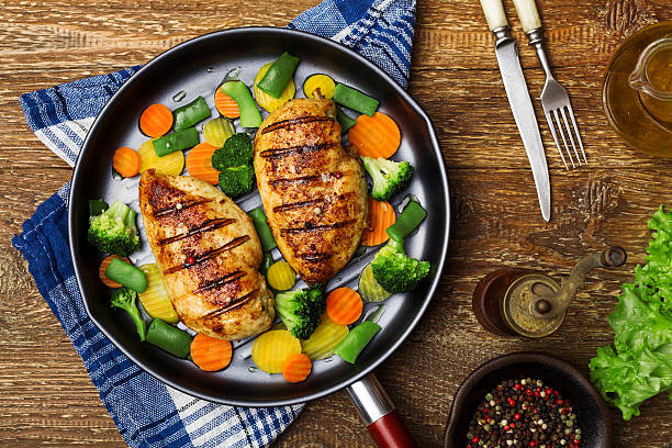 istock Grilled chicken breast with vegetables in a pan. 507791032