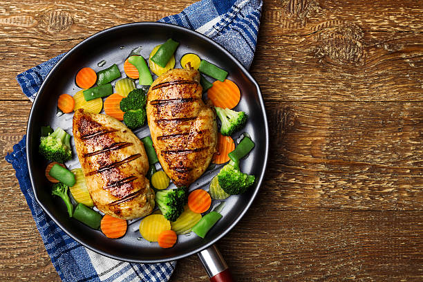 istock Grilled chicken breast with vegetables in a pan. 507791202