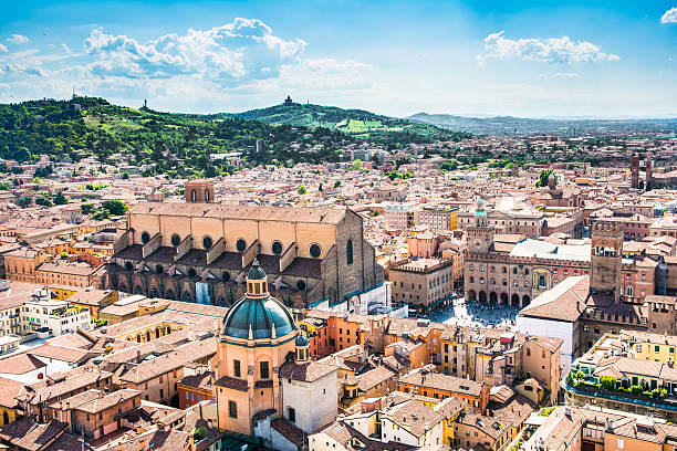 Bologna Bologna,Italy-May 17,2014:panorama of Bologna view from the famous "Asinelli" tower located in the centre of the city.You can see the dome of St. Petronio and the central main square. emilia romagna photos stock pictures, royalty-free photos & images
