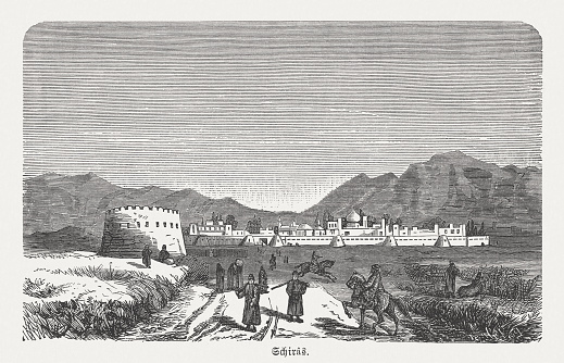 Shiraz. City in Iran. Historical view. Wood engraving, published in 1882.
