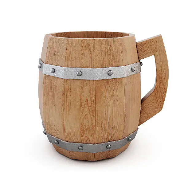 Wooden empty beer mug on a white background. 3d rendering.