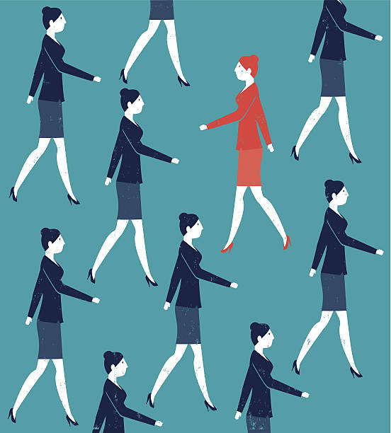 Vector Woman Walking Against the Crowd A group of people walking in the same direction and just one person walking in the opposite direction. upstream stock illustrations