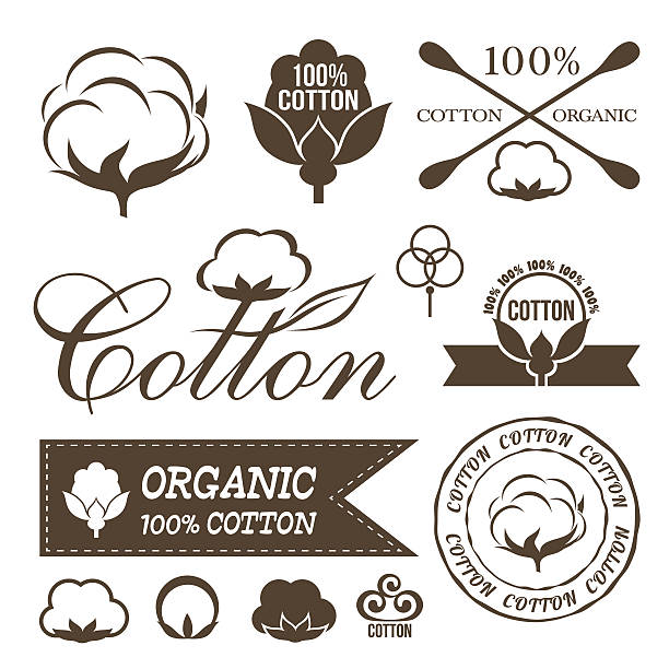 Cotton icons set. Cotton labels, stickers and emblems. boll stock illustrations