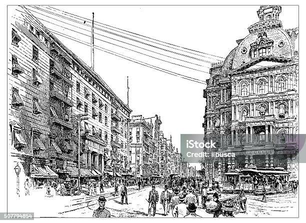 Antique Illustration Of Broadway Stock Illustration - Download Image Now - Engraved Image, New York City, New York State