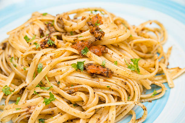 Linguine with sea urchins stock photo