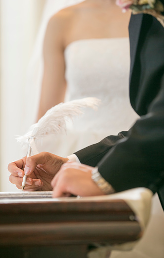 bride and groom signing wedding certificate