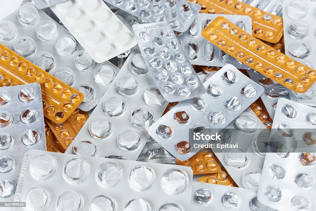 Empty cachets of medical pills Background from many empty cachets of medical supplies, pills and capsules Addiction Stock Photo