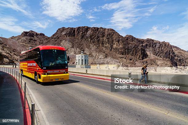 Tour Bus And People Crossing Hoover Dam In Nevada Stock Photo - Download Image Now - Bus, Electricity, Boulder City