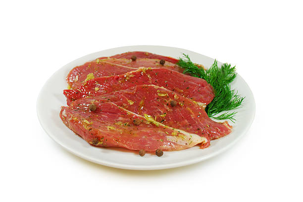 istock Raw meat. Pork escalope slices with sause  in a Dish 507801376