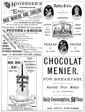 London, England - January 21, 2016: Scanned image of a page of advertisements from a special Diamond Jubilee edition of ‘Punch’ magazine which was published to commemorate the 60th anniversary of the accession of Queen Victoria  in 1897. The page includes advertisements for Hair curlers, face powder, pickles and sauces, chocolate and fountain pens. (Scanned 9 January 2016 and processed 21 January 2016.)