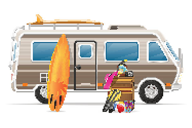 auto, van wohnwagen wohnmobil campingwagen mit strand-accessoires vektor - motor home mobile home isolated vehicle trailer stock-grafiken, -clipart, -cartoons und -symbole