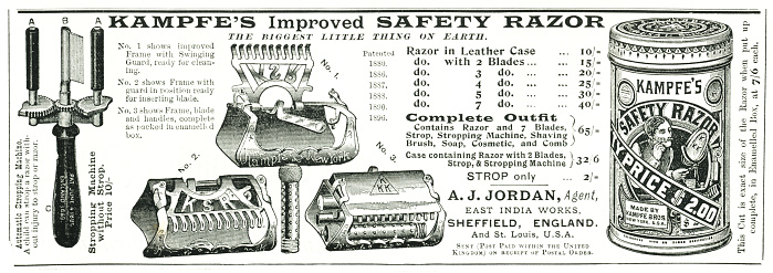 London, England - January 21, 2016: An advertisement for “Kampfe’s Improved Safety Razor - The Biggest Little Thing on Earth”! Scanned image from a special Diamond Jubilee edition of ‘Punch’ magazine which was published to commemorate the 60th anniversary of the accession of Queen Victoria in 1897. (Scanned 9 January 2016 and processed 23 January 2016.)