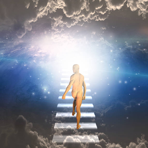 istock Man travels up stairway into heavens 507816141