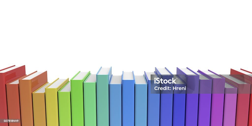 Row Stack Of Colorful Books On A Plain Background Stock Photo - Download  Image Now - Book, Rainbow, White Background - iStock