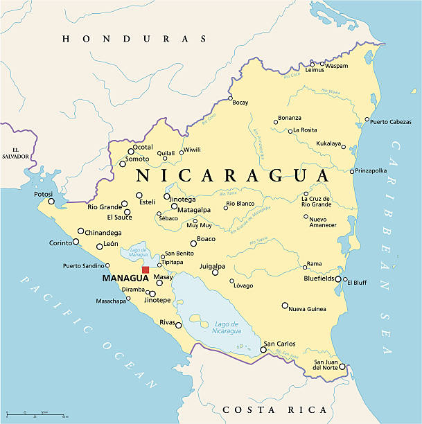 Nicaragua Political Map Political map of Nicaragua with capital Managua, with national borders, most important cities, rivers and lakes. Illustration with English labeling and scaling. nicaragua stock illustrations