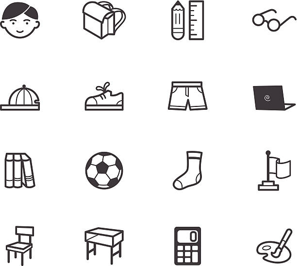 ilustrações de stock, clip art, desenhos animados e ícones de menino de escola vecter preto conjunto de ícone em fundo branco - football icons