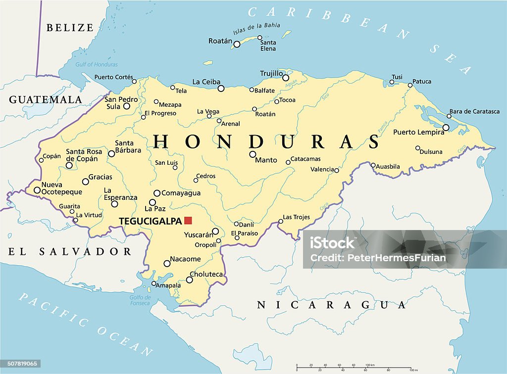 Honduras Political Map Political map of Honduras with capital Tegucigalpa, with national borders, most important cities, rivers and lakes. Illustration with English labeling and scaling. Honduras stock vector