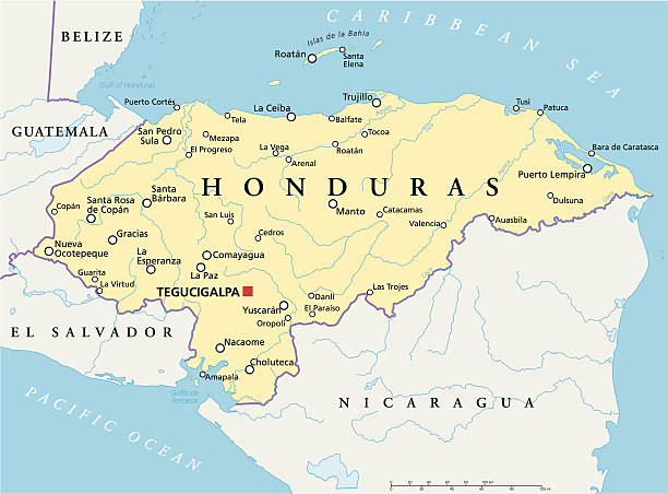 Honduras Political Map Political map of Honduras with capital Tegucigalpa, with national borders, most important cities, rivers and lakes. Illustration with English labeling and scaling. honduras stock illustrations