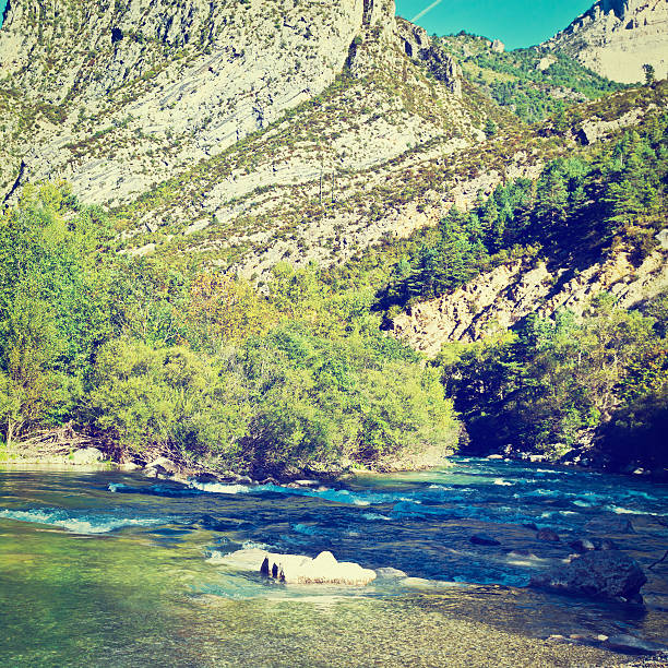 River at the Bottom of Canyon in the French Alps, Retro Effect