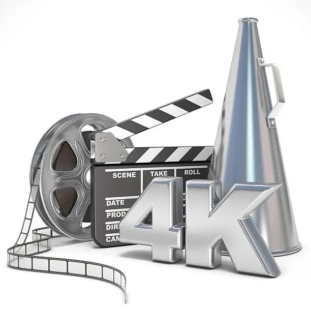 Video, movie, cinema production concept. Reels, clapperboard, megaphone and 4K. 3D render illustration isolated on white background