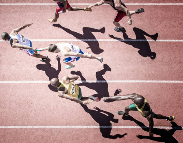 High angle view of an athletics track corner.