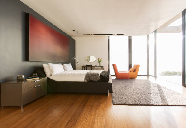 istock Rug and painting in modern bedroom 507832229