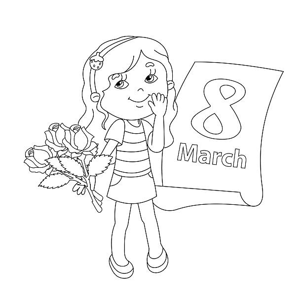 Ilustración de Página Para Colorear Contorno De Chica Con Flores 8 De Marzo  y más Vectores Libres de Derechos de Acontecimiento - iStock