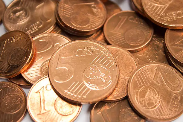 Euro cent coins closeup - pile of euro cent coins - macro