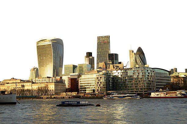 Closely Isolated London skyscrapers skyline view with clear sky and some clouds, Thames river. See portfolio for more images of London city.