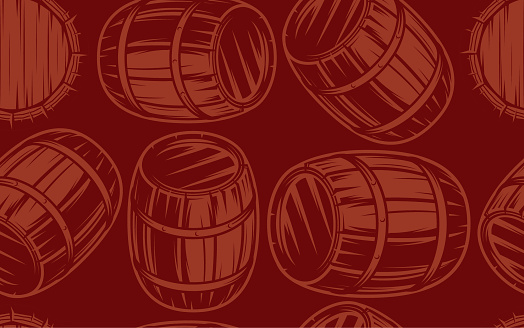 seamless background with barrels for drinks on brown background, template in the swatches