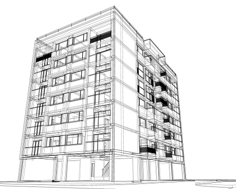 Abstract 3D blueprint sketch of modern building construction. Modern building with ground floor and six upper floors. The building has clean and simple geometric volumes. White background.