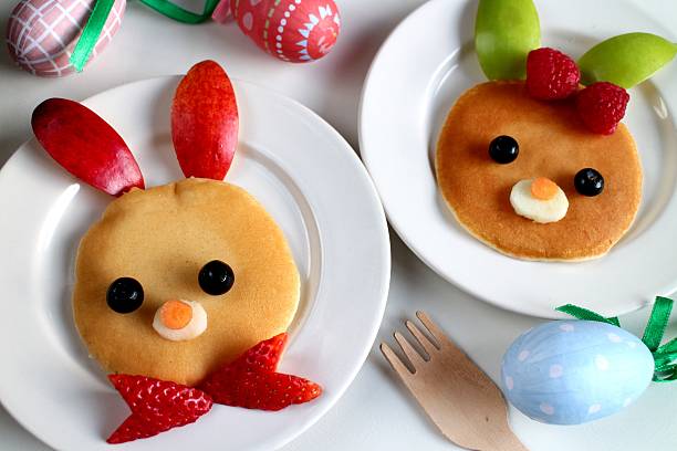 Easter day couple rabbits pancake Kid food idea bunny pancake stock pictures, royalty-free photos & images