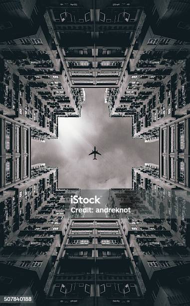 Urban Jungle Stock Photo - Download Image Now - Black And White, Photography, Airplane