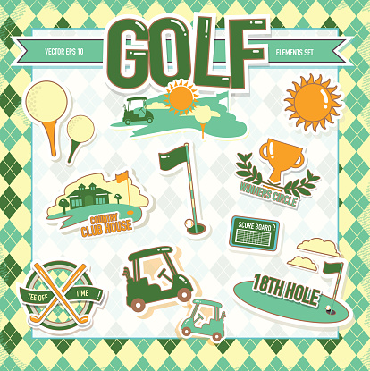 Vector illustration of summer golf tournament set of elements for poster advertisement design template. Green, cheerful orange colors.  Includes sample text design elements and golf green, golf course and golf cart background. Perfect for golf outing, tournament, golf course advertisement poster and charity sporting event. See my portfolio for other invitations and golf concepts.