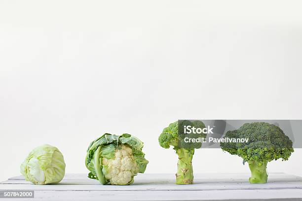 Cauliflower Broccoli And Cabbage Closeup Stock Photo - Download Image Now - Backgrounds, Basket, Broccoli