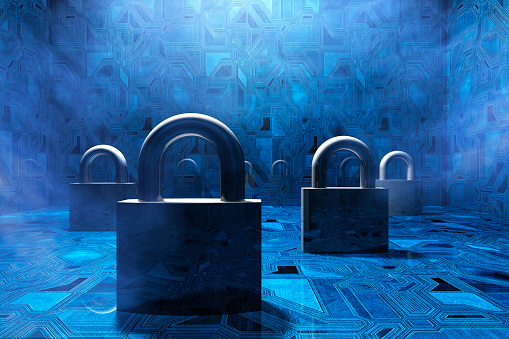 Security padlocks in virtual environment, concept.