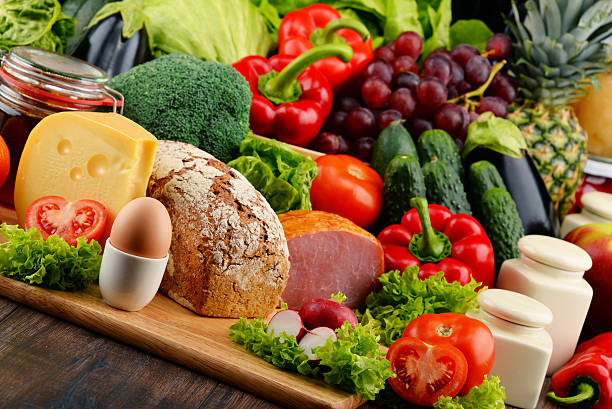 istock Organic food including vegetables fruit bread dairy and meat 507843646