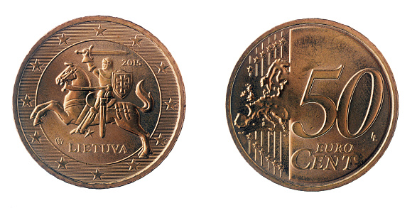  lithuanian 50 cent coin close up on white background, two sides