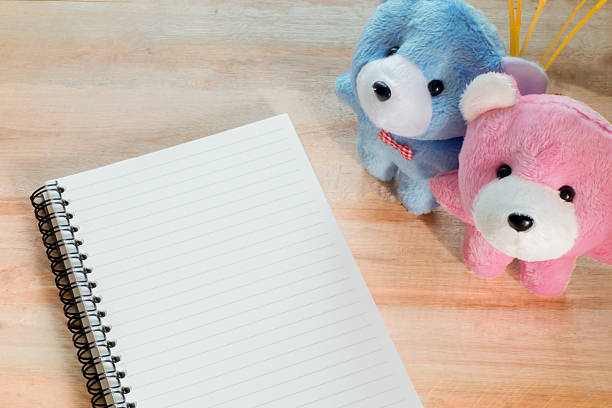 istock Soft focus notebook paper with couple teddy on wood floor 507848098