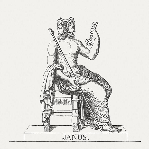 dem römischen gott janus inspiriert, veröffentlichte 1878 zogen - schlüsselfertig stock-grafiken, -clipart, -cartoons und -symbole