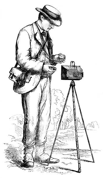 fotograf robienia zdjęć z kamery 1876 składane - fotografika obrazy stock illustrations